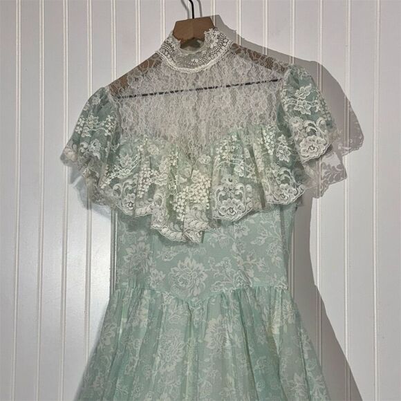 Gunne Sax Jessica McClintock Mint Lace Prairie Dress S Vintage Cottagecore Gown - Picture 4 of 10